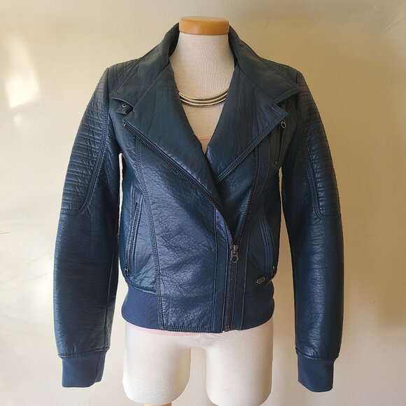 Guess Vegan Leather Blue Moto Jacket - Picture 1 of 13